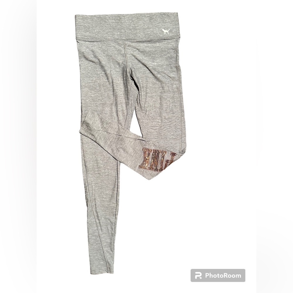 Victoria Secret Pink yoga pants in grey with gold sequins logo